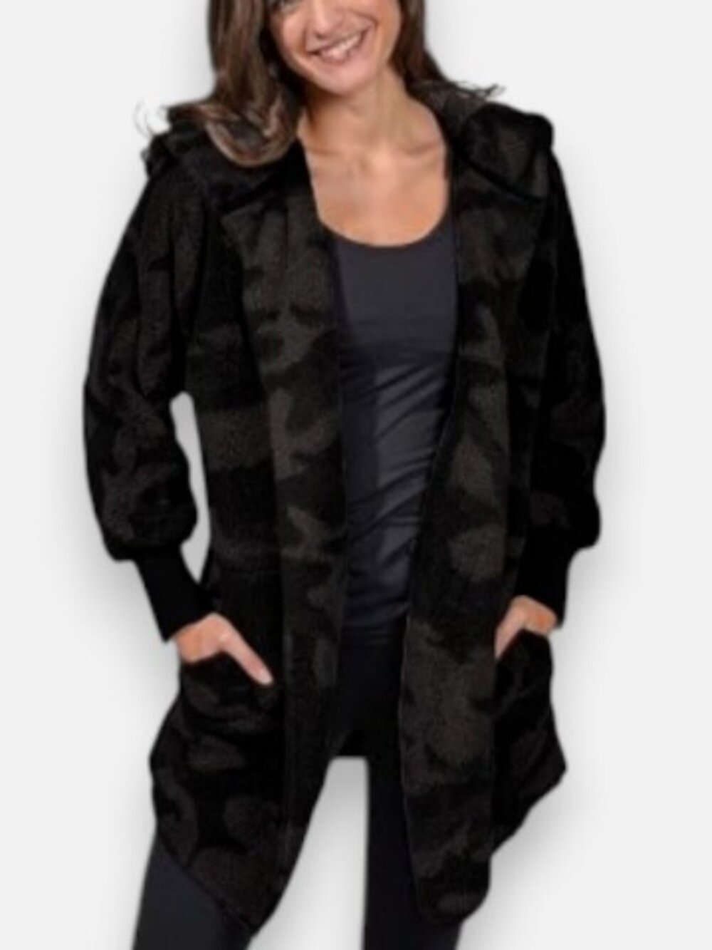 90 Degree by Reflex hooded sherpa cardigan black women's size L